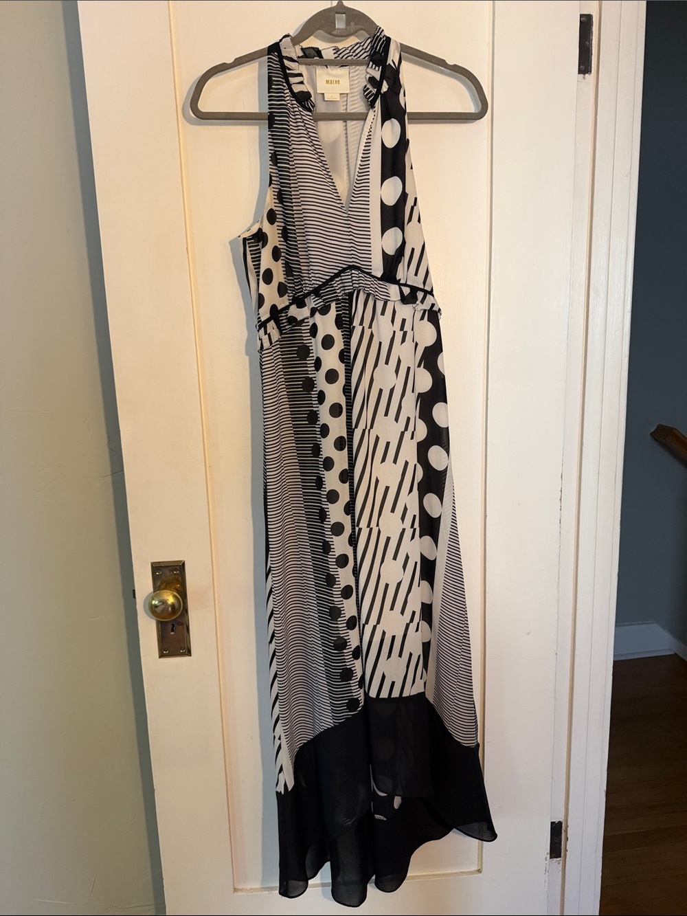 Maeve Black & White Mixed-Print Halter High-Low Maxi Dress